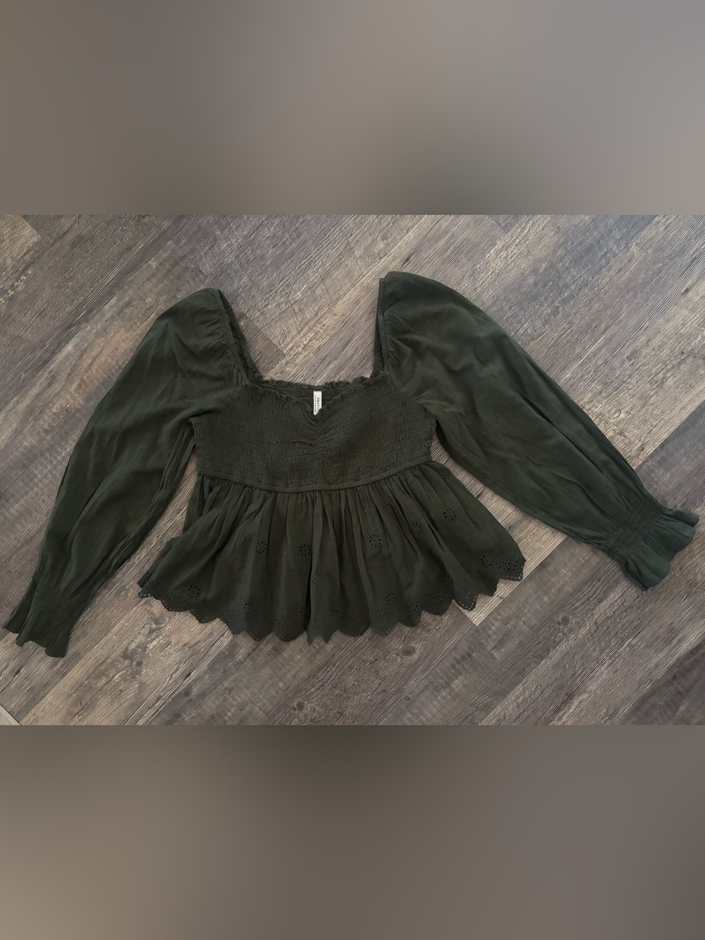 American Eagle Outfitters Olive Smocked Eyelet Top